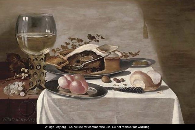A pie on a pewter plate, a giant roemer, peaches on a pewter plate - (after) Pieter Claesz