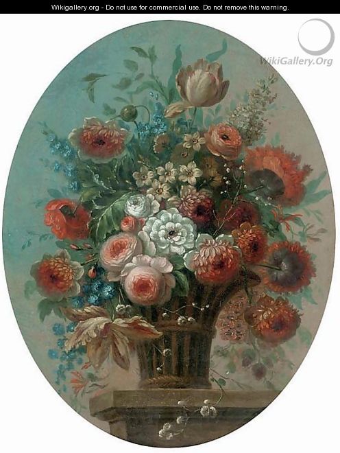 Roses, tulips, morning glory, narcissi and other flowers in a basket on a ledge - (after) Pieter Casteels III
