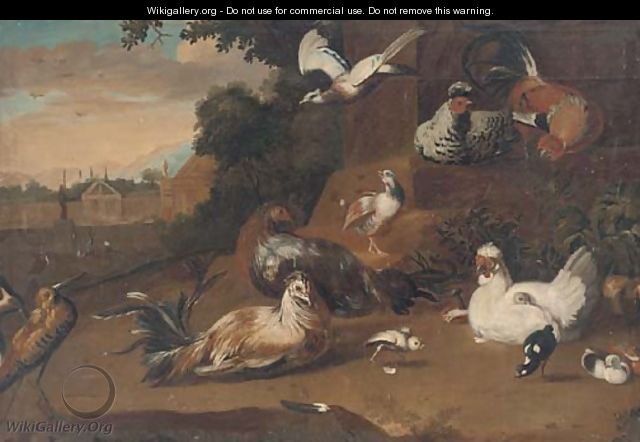 Birds in a wooded clearing, a country house beyond - (after) Pieter Casteels III