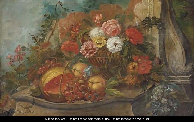 A melon, grapes on the vine, peaches and mixed flowers - (after) Pieter Casteels III