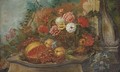 A melon, grapes on the vine, peaches and mixed flowers - (after) Pieter Casteels III
