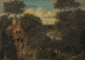 A wooded river landscape with villagers gathered in the foreground - (after) Pieter Bout
