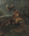 A fox chasing a cockerel by a thistle in a landscape - (after) Peeter Boel