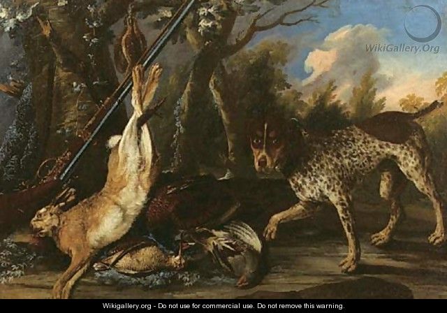 A dead hare and dead snipes hanging from a tree with a pheasant - (after) Pieter Andreas Rysbrack