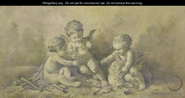 Three putti lighting a fire en grisaille - (after) Piat Joseph Sauvage