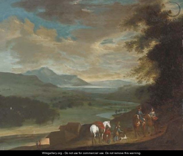 Travellers on a country track at dusk - (after) Philips Wouwerman