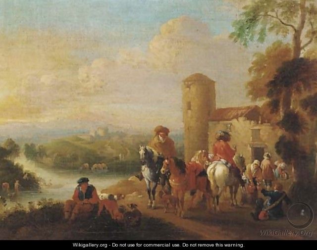 Mounted travellers at halt by an inn, a river and town beyond - (after) Pieter Wouwermans Or Wouwerman