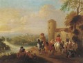 Mounted travellers at halt by an inn, a river and town beyond - (after) Pieter Wouwermans Or Wouwerman