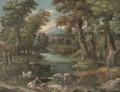 An extensive wooded river landscape with a shepherd resting on the riverbank - (after) Pieter Meulener