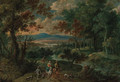 A wooded mountainous landscape with travellers on horseback with hunting dogs - (after) Pieter Gysels