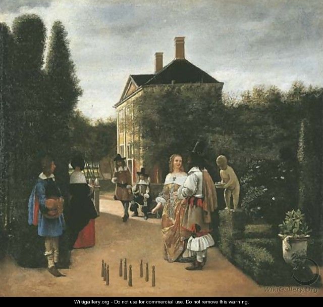 Elegant figures playing skittles in a landscaped park - (after) Pieter De Hooch