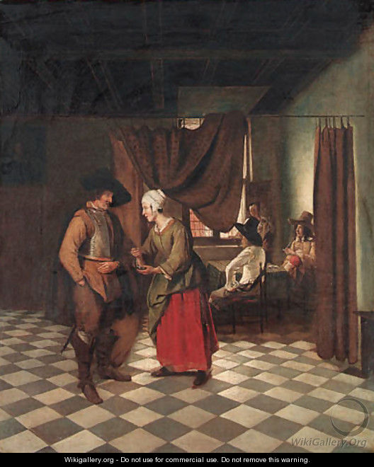 An interior with a soldier paying a servant - (after) Pieter De Hooch