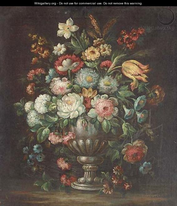 Roses, carnations, morning glory, a tulip and other flowers in a vase on a ledge - (follower of) Nuzzi, Mario