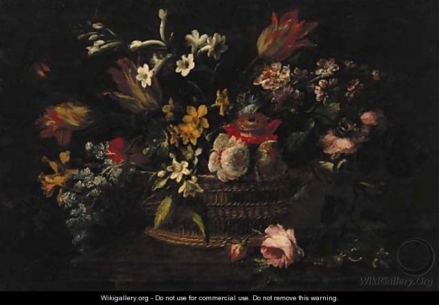 Flowers in a basket on a wooden ledge - (follower of) Nuzzi, Mario