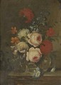 Roses, parrot tulips, narcissi and other flowers in glass vase on a ledge - (follower of) Nuzzi, Mario