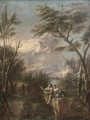 A wooded river landscape with figures fishing on a cliff - (after) Marco Ricci