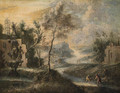 A River Landscape with Fisherman on a Bank near a Fountain - (after) Marco Ricci