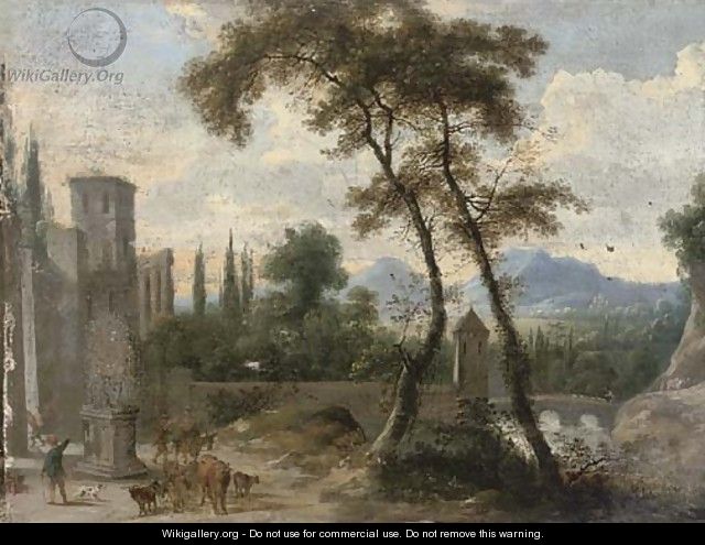 A river landscape with a turretted bridge and a drover by a statue - (after) Marco Ricci
