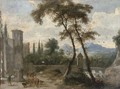 A river landscape with a turretted bridge and a drover by a statue - (after) Marco Ricci