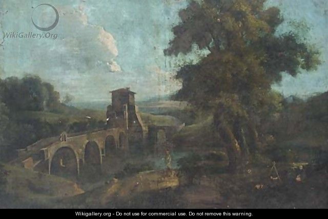 A landscape with travellers by a bridge - (after) Marco Ricci