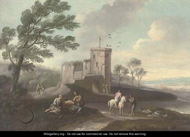 A coastal landscape with travellers at halt by a tower - (after) Marco Ricci
