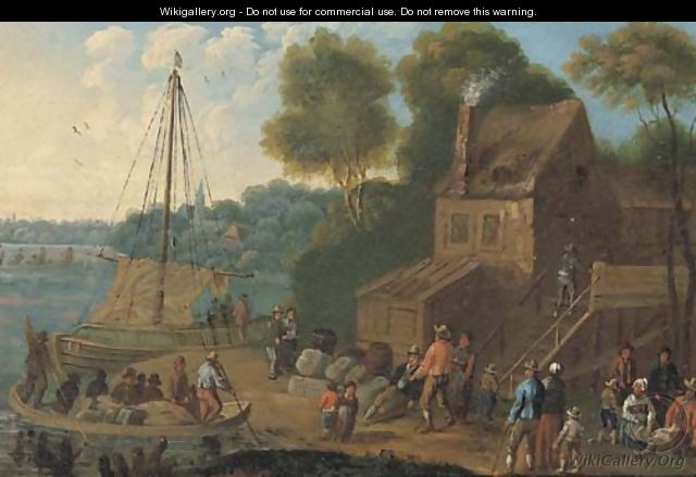 A river landscape with merchants unloading boats and other figures in the foreground - (after) Marc Baets