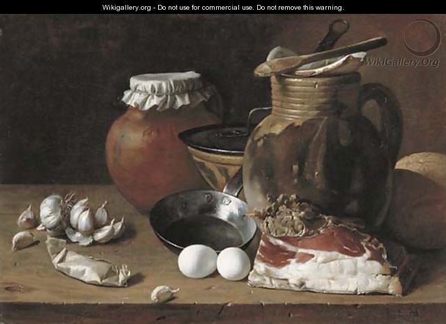 Ham, eggs, cloves of garlic, bread, terracotta pots and a frying pan on a wooden ledge - (after) Luis Eugenio Melendez