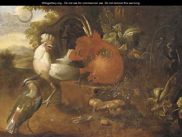 Cockerels on a stone block with a lapwing in a wooded landscape - (after) Melchior De Hondecoeter