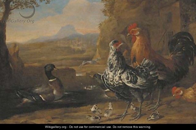 A turkey, roosters, ducks and goslings in a farmyard - (after) Melchior De Hondecoeter