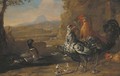 A turkey, roosters, ducks and goslings in a farmyard - (after) Melchior De Hondecoeter