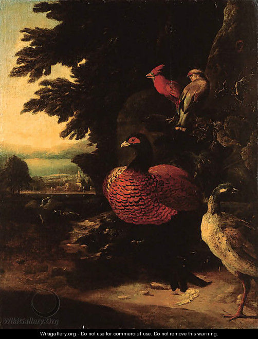 Poultry on a riverbank by a cliff, a landscape beyond - (after) Melchior De Hondecoeter