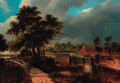 A wooded river landscape with a watermill and figures walking along a path - (after) Meindert Hobbema
