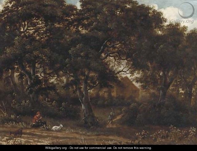 A wooded landscape with a herdsman playing a flute, a traveller on a path toward a house beyond - (after) Meindert Hobbema
