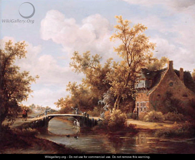 A view on a farm by a canal with travellers on a road by a bridge - (after) Meindert Hobbema