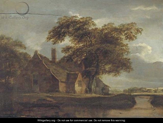 A landscape with a cottage and a traveller by a river - (after) Meindert Hobbema