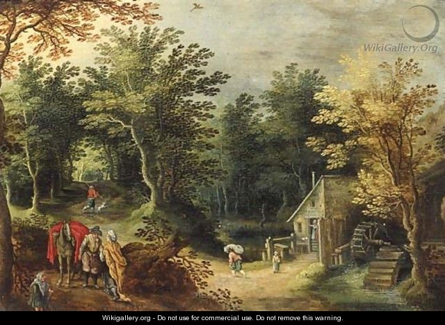 A gipsy woman and a traveller on a road by a watermill - (after) Maerten Ryckaert