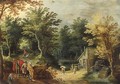 A gipsy woman and a traveller on a road by a watermill - (after) Maerten Ryckaert
