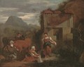 Peasants with cattle, a mountainous landscape beyond - (after) Nicolaes Berchem
