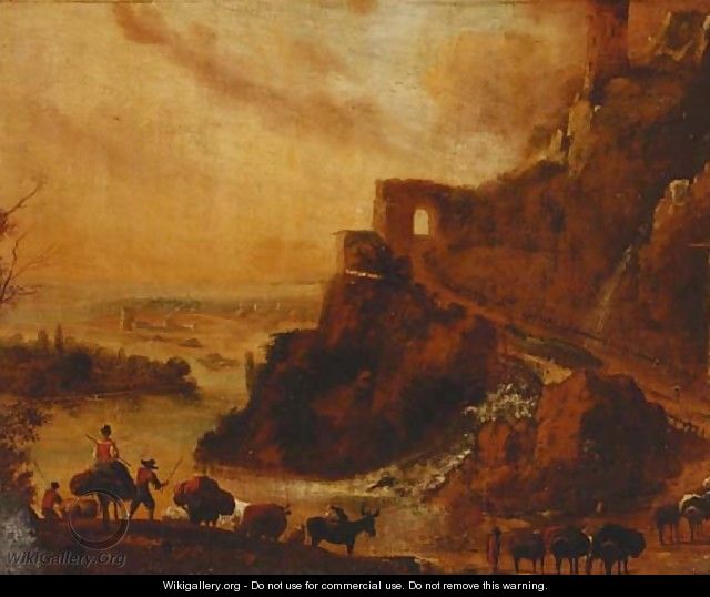 Drovers with cattle in a rocky Italianate landscape - (after) Nicolaes Berchem