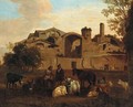 An Italianate landscape with shepherds and livestock before an Italianate town - (after) Nicolaes Berchem