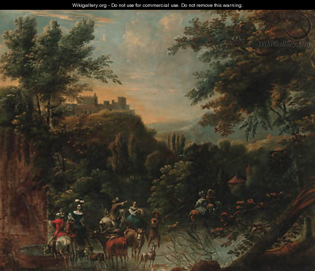 An extensive landscape with a hunting party and drovers watering cattle at a stream, a hilltop village beyond - (after) Nicolaes Berchem