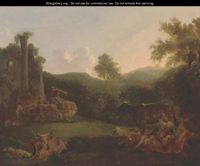 A wooded landscape with a shepherd resting with his flock and drovers and their cattle by classical ruins - (after) Nicolaes Berchem