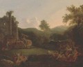 A wooded landscape with a shepherd resting with his flock and drovers and their cattle by classical ruins - (after) Nicolaes Berchem