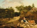 Figures with a horse, bull and sheep watering by a wooded track - (after) Nicolaes Berchem