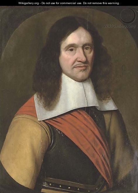 Portrait of a man, bust-length, wearing a breast plate and red sash - (after) Mierevelt, Michiel Jansz. van