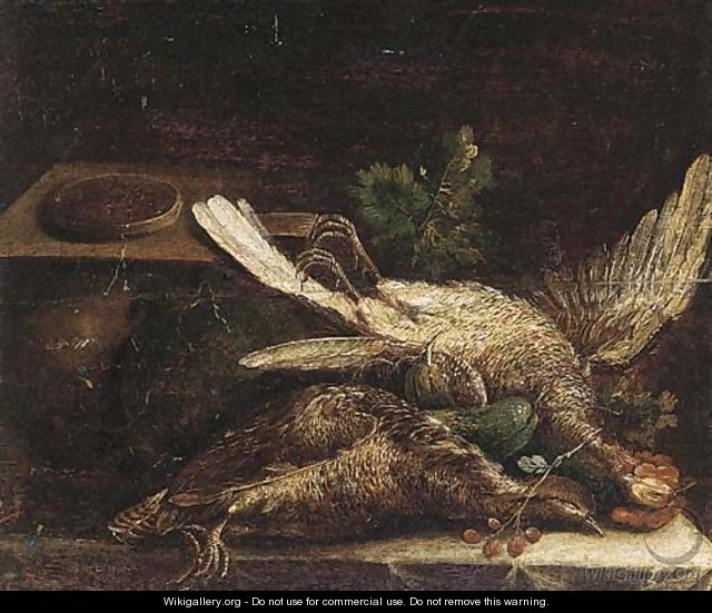 Two dead game birds with a pie, courgettes and other vegetables on a draped table - (after) Michiel Simons