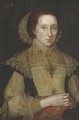 Portrait of a lady, three-quarter-length, in a black, white and red dress, with white lace collar, cuffs and headdress, a fan in her right hand - (after) Michiel Jansz. Van Mierevelt