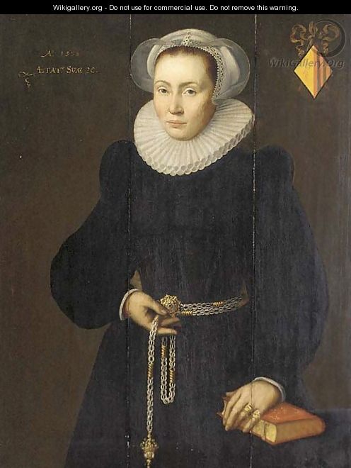 Portrait of a lady, aged 30, three-quarter-length, in a black dress with a white ruff, a pomander in her right hand, her left arm resting on a book - (after) Michiel Jansz. Van Mierevelt