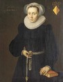 Portrait of a lady, aged 30, three-quarter-length, in a black dress with a white ruff, a pomander in her right hand, her left arm resting on a book - (after) Michiel Jansz. Van Mierevelt