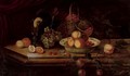 Peaches and berries in a Wanli kraak porcelain bowl with grapes, a peeled lemon and orange, a roemer and a basket of strawberries on a ledge - Osias, the Elder Beert